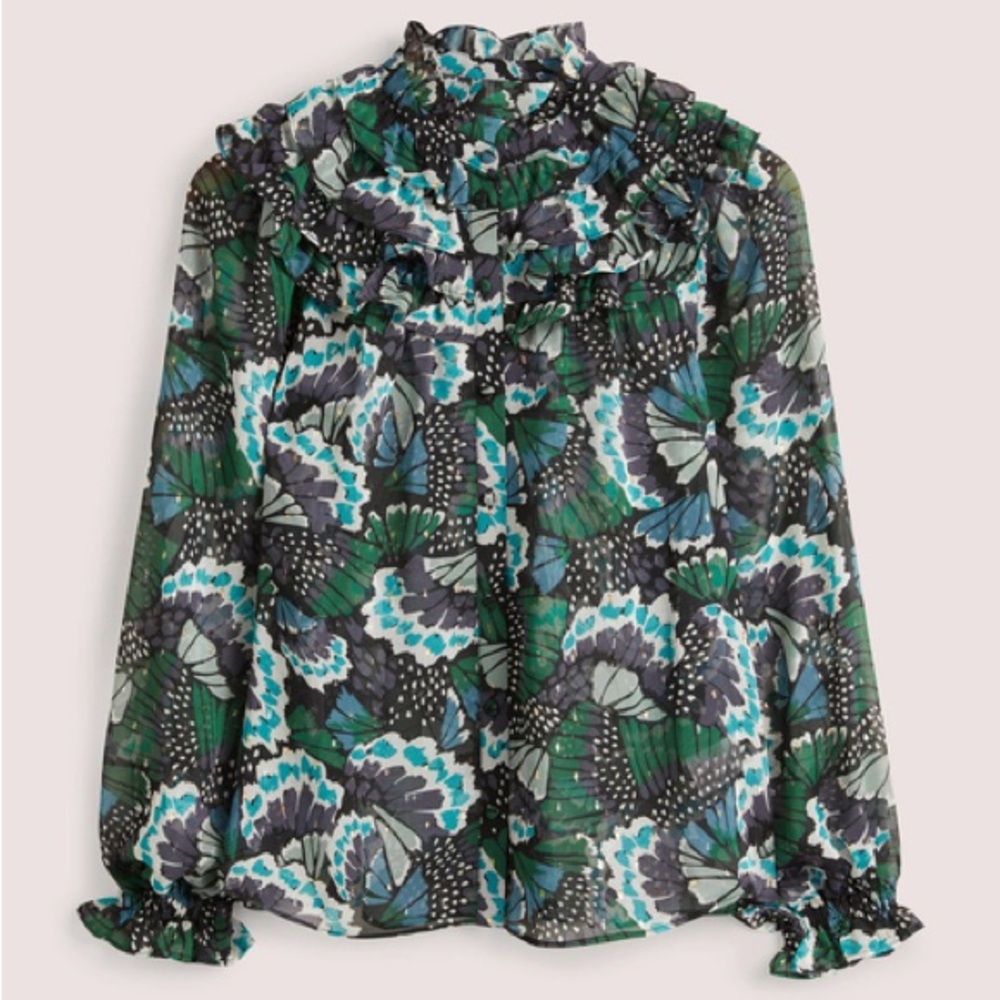 Boden Butterfly Print Blouse - Green and Black